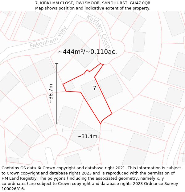7, KIRKHAM CLOSE, OWLSMOOR, SANDHURST, GU47 0QR: Plot and title map