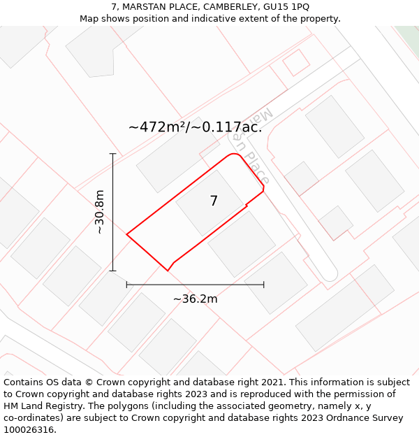 7, MARSTAN PLACE, CAMBERLEY, GU15 1PQ: Plot and title map