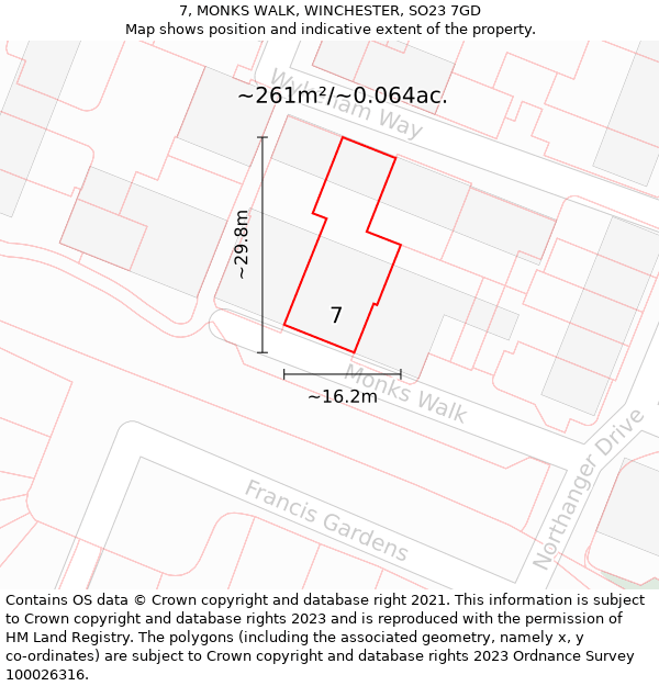 7, MONKS WALK, WINCHESTER, SO23 7GD: Plot and title map