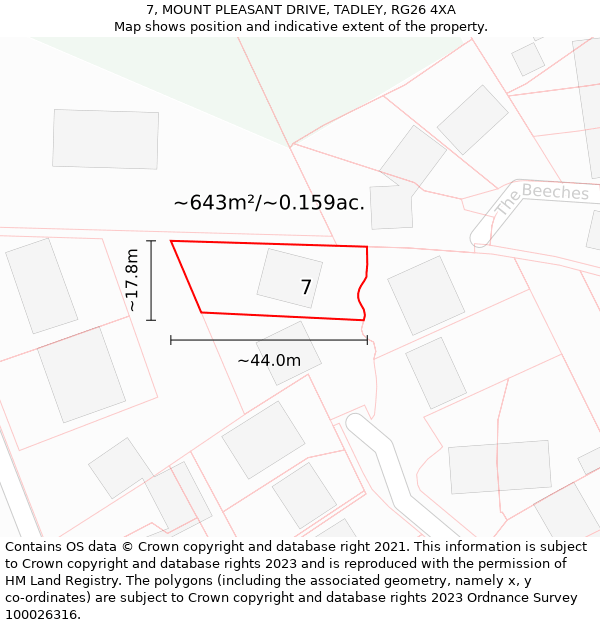 7, MOUNT PLEASANT DRIVE, TADLEY, RG26 4XA: Plot and title map