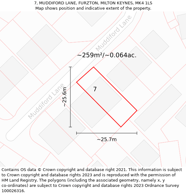 7, MUDDIFORD LANE, FURZTON, MILTON KEYNES, MK4 1LS: Plot and title map