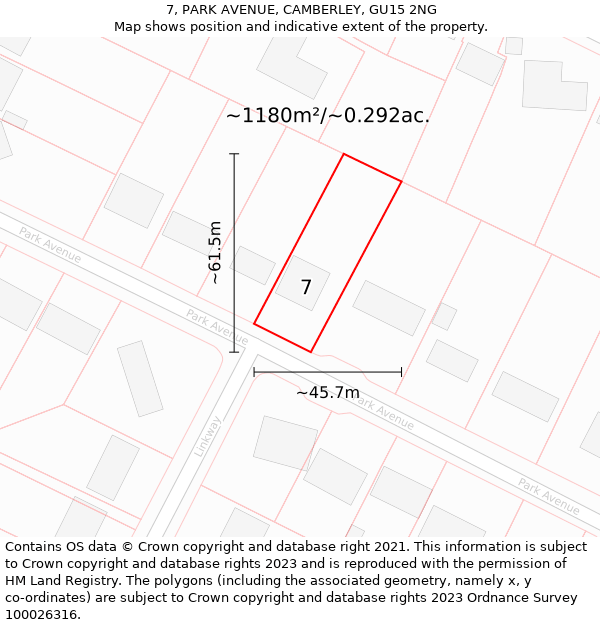 7, PARK AVENUE, CAMBERLEY, GU15 2NG: Plot and title map
