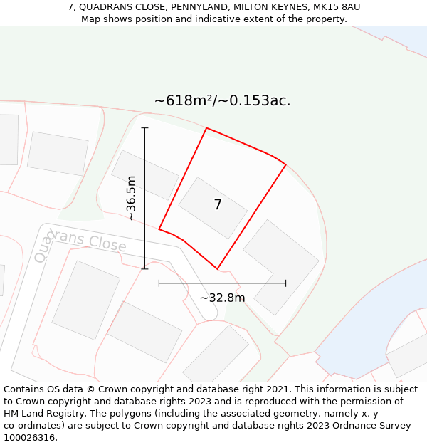 7, QUADRANS CLOSE, PENNYLAND, MILTON KEYNES, MK15 8AU: Plot and title map