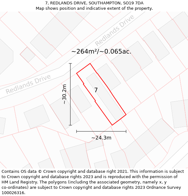 7, REDLANDS DRIVE, SOUTHAMPTON, SO19 7DA: Plot and title map