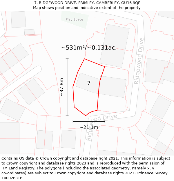 7, RIDGEWOOD DRIVE, FRIMLEY, CAMBERLEY, GU16 9QF: Plot and title map