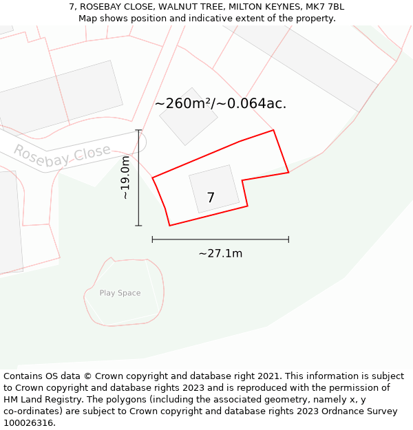 7, ROSEBAY CLOSE, WALNUT TREE, MILTON KEYNES, MK7 7BL: Plot and title map