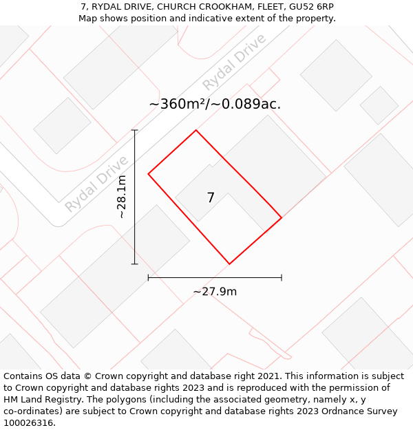 7, RYDAL DRIVE, CHURCH CROOKHAM, FLEET, GU52 6RP: Plot and title map