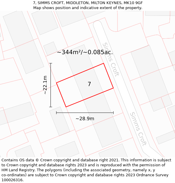 7, SIMMS CROFT, MIDDLETON, MILTON KEYNES, MK10 9GF: Plot and title map