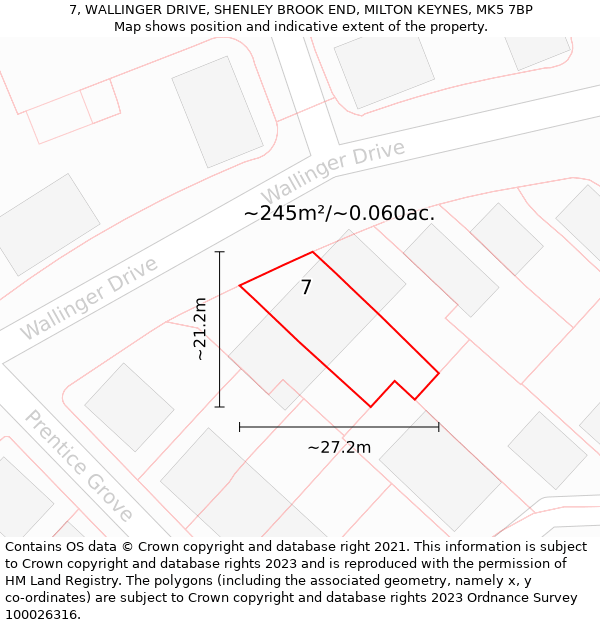 7, WALLINGER DRIVE, SHENLEY BROOK END, MILTON KEYNES, MK5 7BP: Plot and title map