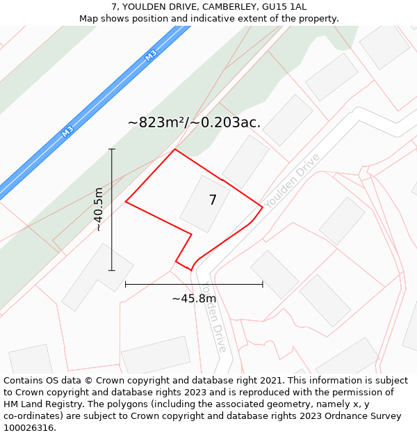 7, YOULDEN DRIVE, CAMBERLEY, GU15 1AL: Plot and title map