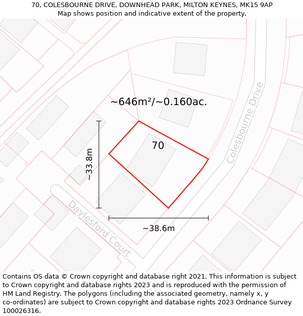 70, COLESBOURNE DRIVE, DOWNHEAD PARK, MILTON KEYNES, MK15 9AP: Plot and title map