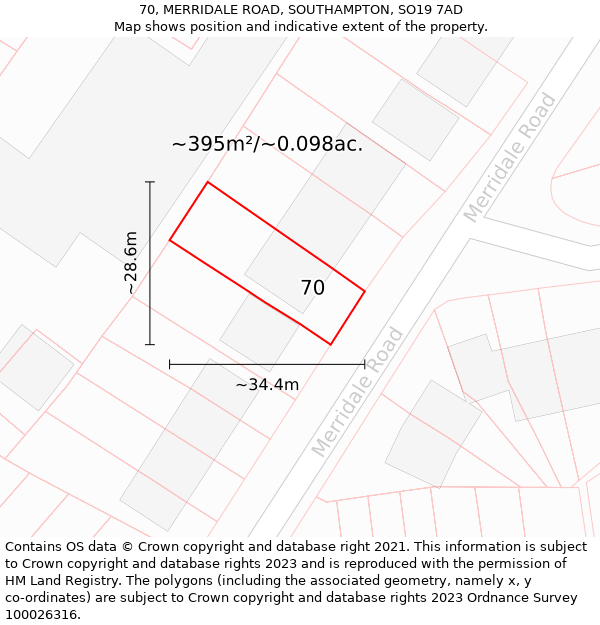 70, MERRIDALE ROAD, SOUTHAMPTON, SO19 7AD: Plot and title map