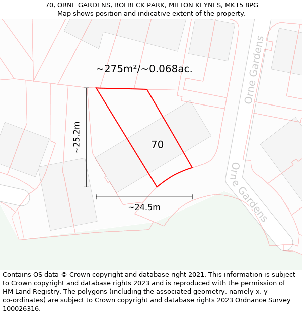 70, ORNE GARDENS, BOLBECK PARK, MILTON KEYNES, MK15 8PG: Plot and title map