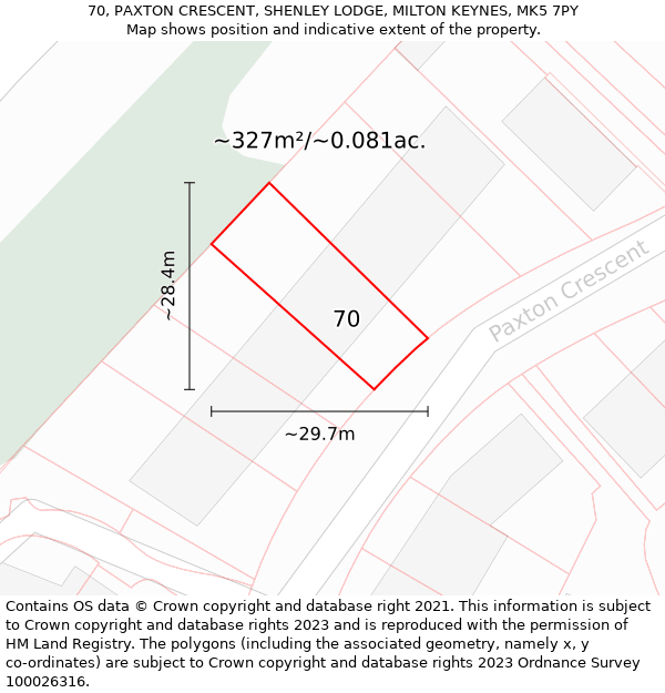 70, PAXTON CRESCENT, SHENLEY LODGE, MILTON KEYNES, MK5 7PY: Plot and title map