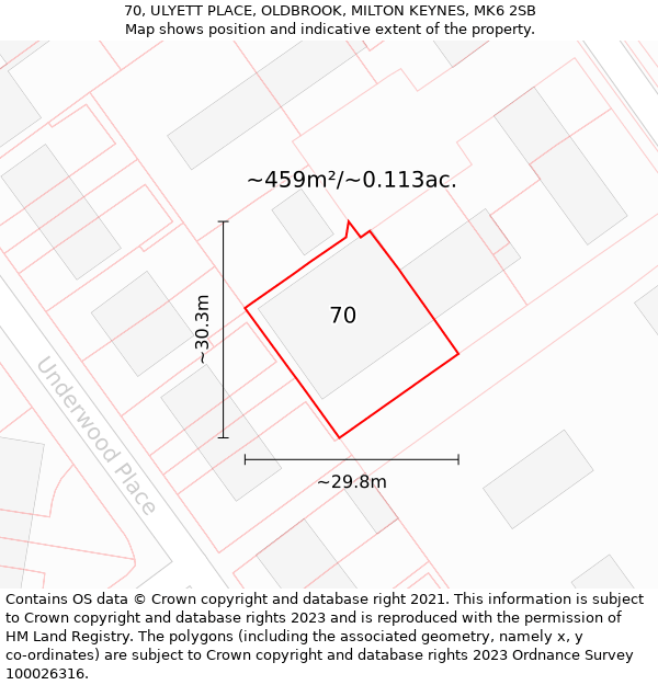 70, ULYETT PLACE, OLDBROOK, MILTON KEYNES, MK6 2SB: Plot and title map