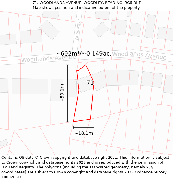 71, WOODLANDS AVENUE, WOODLEY, READING, RG5 3HF: Plot and title map