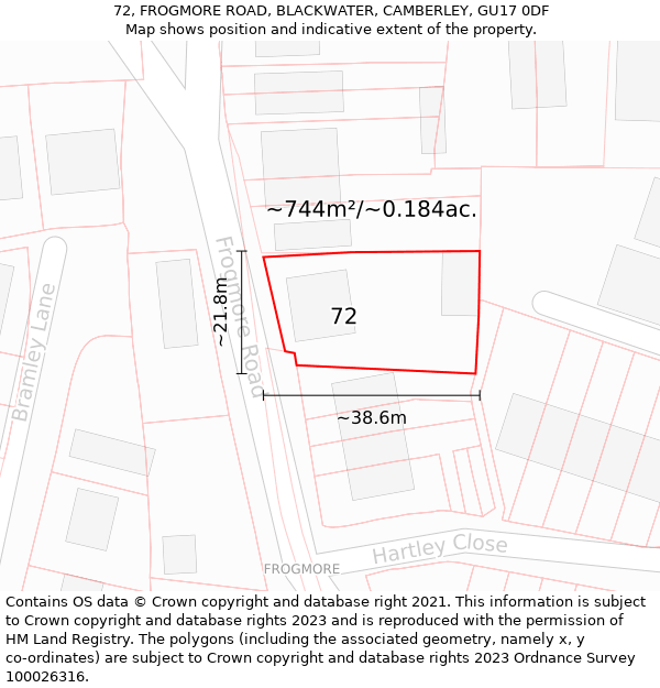 72, FROGMORE ROAD, BLACKWATER, CAMBERLEY, GU17 0DF: Plot and title map