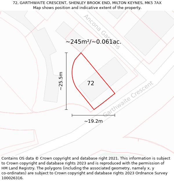 72, GARTHWAITE CRESCENT, SHENLEY BROOK END, MILTON KEYNES, MK5 7AX: Plot and title map