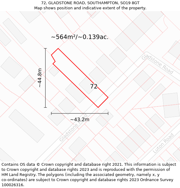 72, GLADSTONE ROAD, SOUTHAMPTON, SO19 8GT: Plot and title map