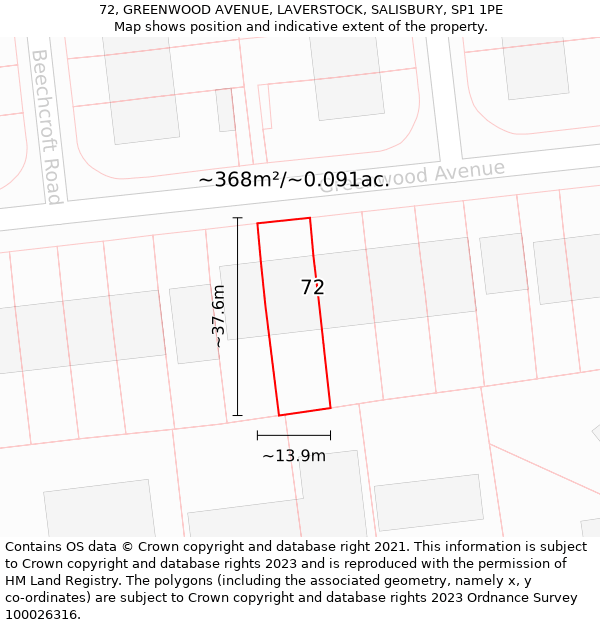 72, GREENWOOD AVENUE, LAVERSTOCK, SALISBURY, SP1 1PE: Plot and title map