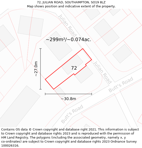 72, JULIAN ROAD, SOUTHAMPTON, SO19 8LZ: Plot and title map