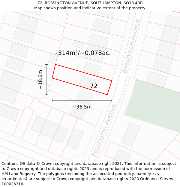 72, ROSSINGTON AVENUE, SOUTHAMPTON, SO18 4RR: Plot and title map