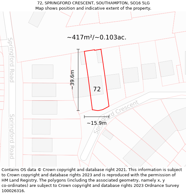 72, SPRINGFORD CRESCENT, SOUTHAMPTON, SO16 5LG: Plot and title map