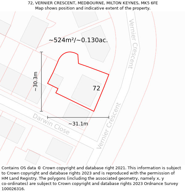 72, VERNIER CRESCENT, MEDBOURNE, MILTON KEYNES, MK5 6FE: Plot and title map