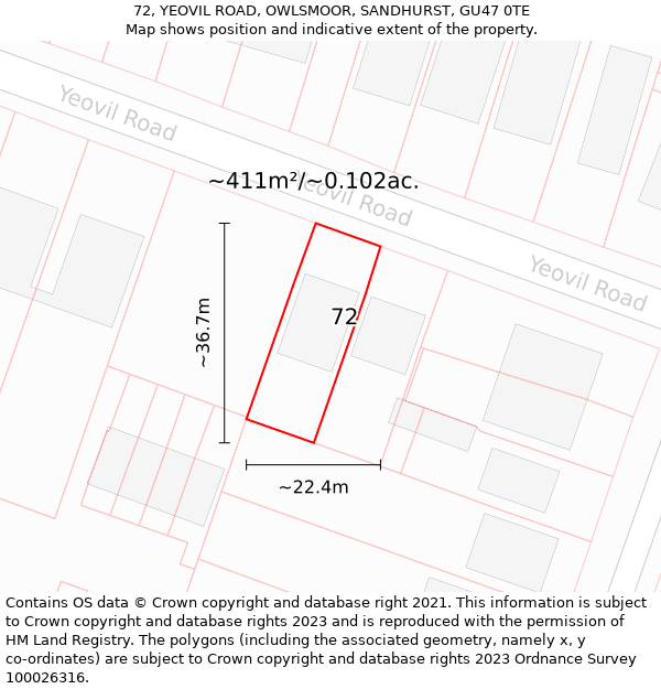 72, YEOVIL ROAD, OWLSMOOR, SANDHURST, GU47 0TE: Plot and title map