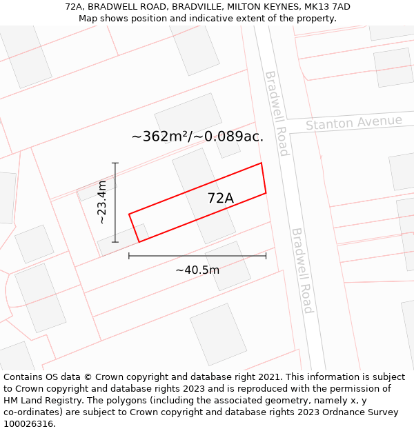 72A, BRADWELL ROAD, BRADVILLE, MILTON KEYNES, MK13 7AD: Plot and title map