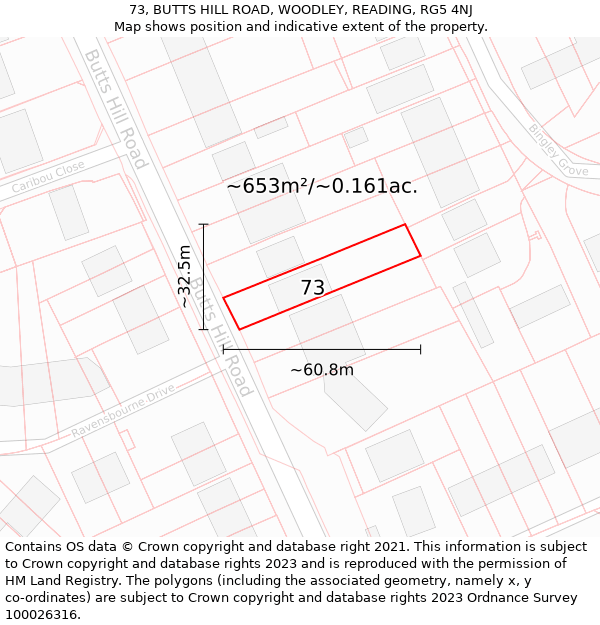 73, BUTTS HILL ROAD, WOODLEY, READING, RG5 4NJ: Plot and title map