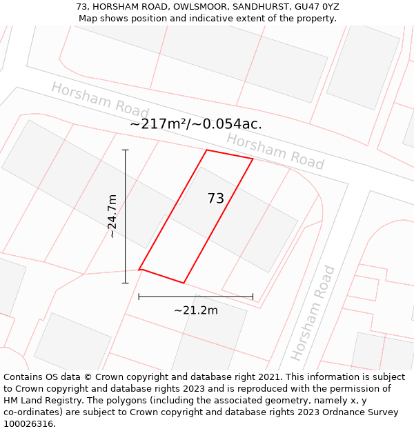 73, HORSHAM ROAD, OWLSMOOR, SANDHURST, GU47 0YZ: Plot and title map