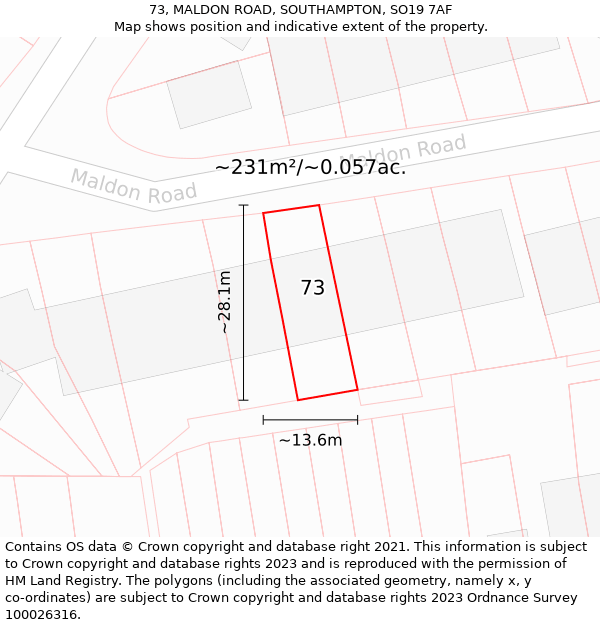 73, MALDON ROAD, SOUTHAMPTON, SO19 7AF: Plot and title map