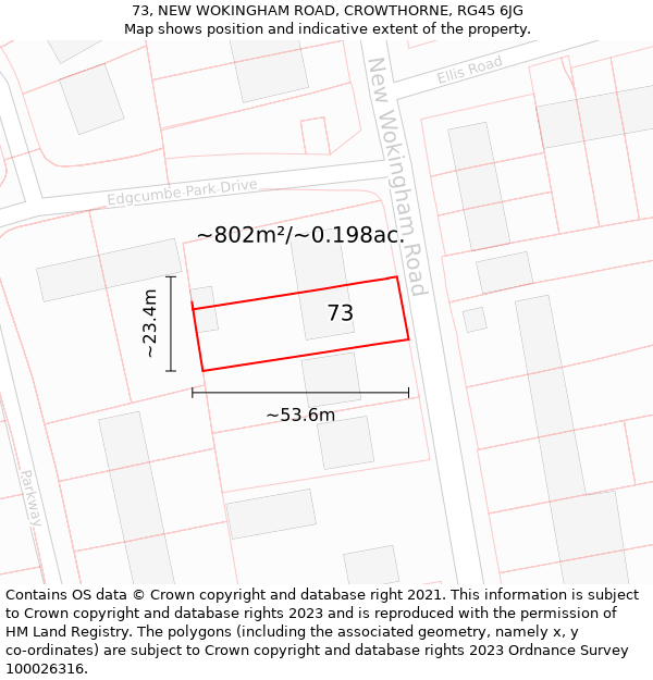 73, NEW WOKINGHAM ROAD, CROWTHORNE, RG45 6JG: Plot and title map