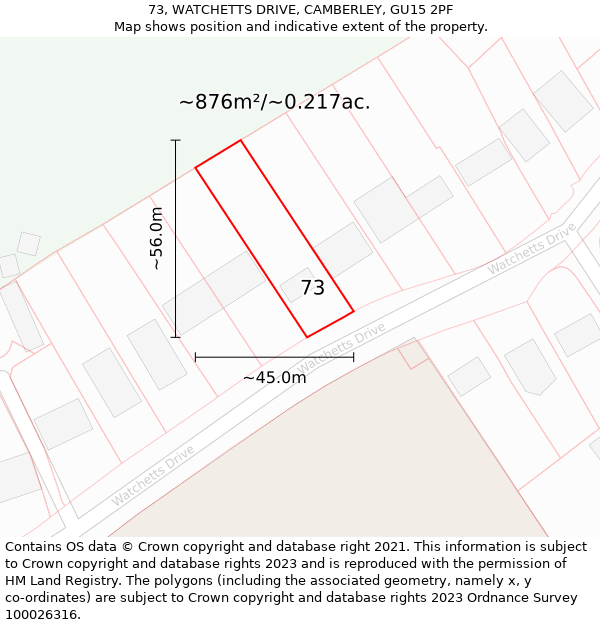 73, WATCHETTS DRIVE, CAMBERLEY, GU15 2PF: Plot and title map