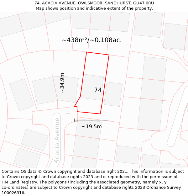 74, ACACIA AVENUE, OWLSMOOR, SANDHURST, GU47 0RU: Plot and title map