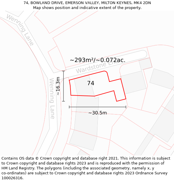 74, BOWLAND DRIVE, EMERSON VALLEY, MILTON KEYNES, MK4 2DN: Plot and title map