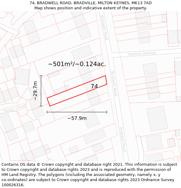 74, BRADWELL ROAD, BRADVILLE, MILTON KEYNES, MK13 7AD: Plot and title map