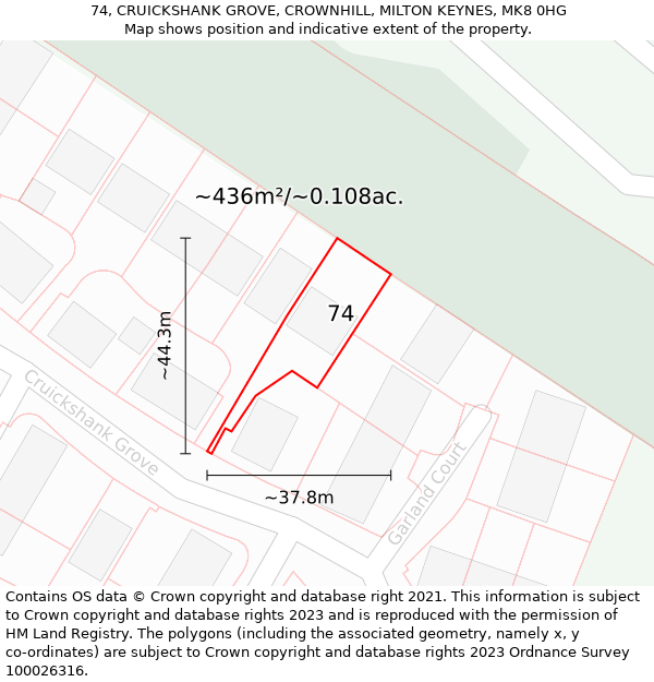 74, CRUICKSHANK GROVE, CROWNHILL, MILTON KEYNES, MK8 0HG: Plot and title map