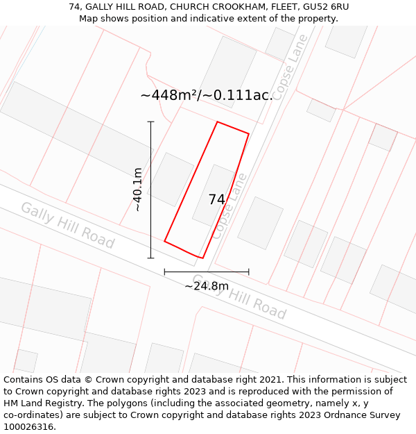 74, GALLY HILL ROAD, CHURCH CROOKHAM, FLEET, GU52 6RU: Plot and title map