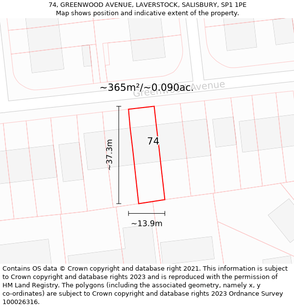 74, GREENWOOD AVENUE, LAVERSTOCK, SALISBURY, SP1 1PE: Plot and title map