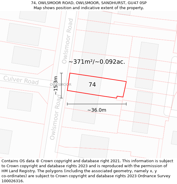 74, OWLSMOOR ROAD, OWLSMOOR, SANDHURST, GU47 0SP: Plot and title map