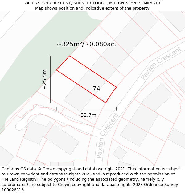 74, PAXTON CRESCENT, SHENLEY LODGE, MILTON KEYNES, MK5 7PY: Plot and title map
