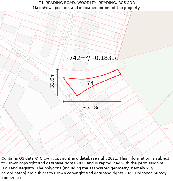 74, READING ROAD, WOODLEY, READING, RG5 3DB: Plot and title map