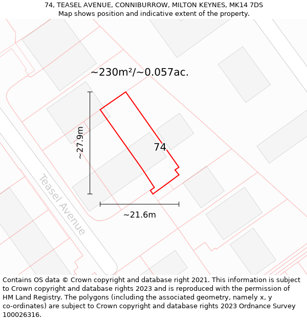 74, TEASEL AVENUE, CONNIBURROW, MILTON KEYNES, MK14 7DS: Plot and title map