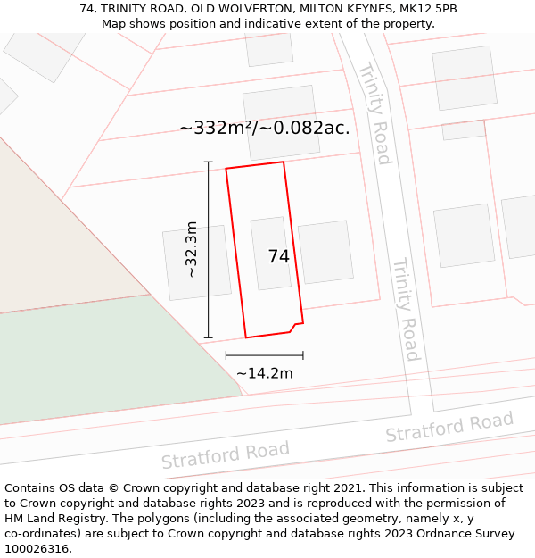 74, TRINITY ROAD, OLD WOLVERTON, MILTON KEYNES, MK12 5PB: Plot and title map