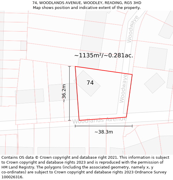 74, WOODLANDS AVENUE, WOODLEY, READING, RG5 3HD: Plot and title map