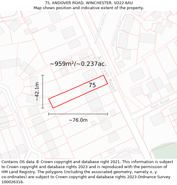 75, ANDOVER ROAD, WINCHESTER, SO22 6AU: Plot and title map