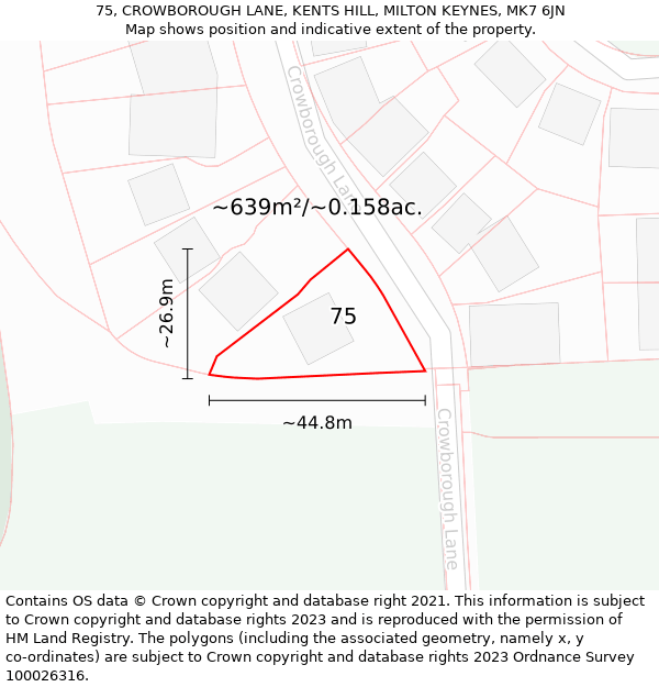 75, CROWBOROUGH LANE, KENTS HILL, MILTON KEYNES, MK7 6JN: Plot and title map