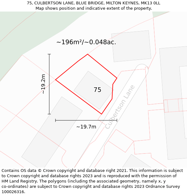 75, CULBERTSON LANE, BLUE BRIDGE, MILTON KEYNES, MK13 0LL: Plot and title map